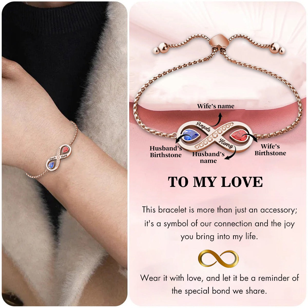 Personalized Couple Infinity Bracelet With 2 Birthstones & Engravings
