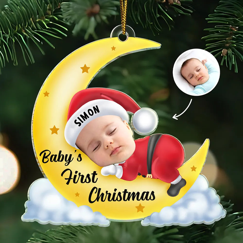 Custom Photo Christmas Baby Sleeping On The Moon - Personalized Cutout Acrylic Ornament