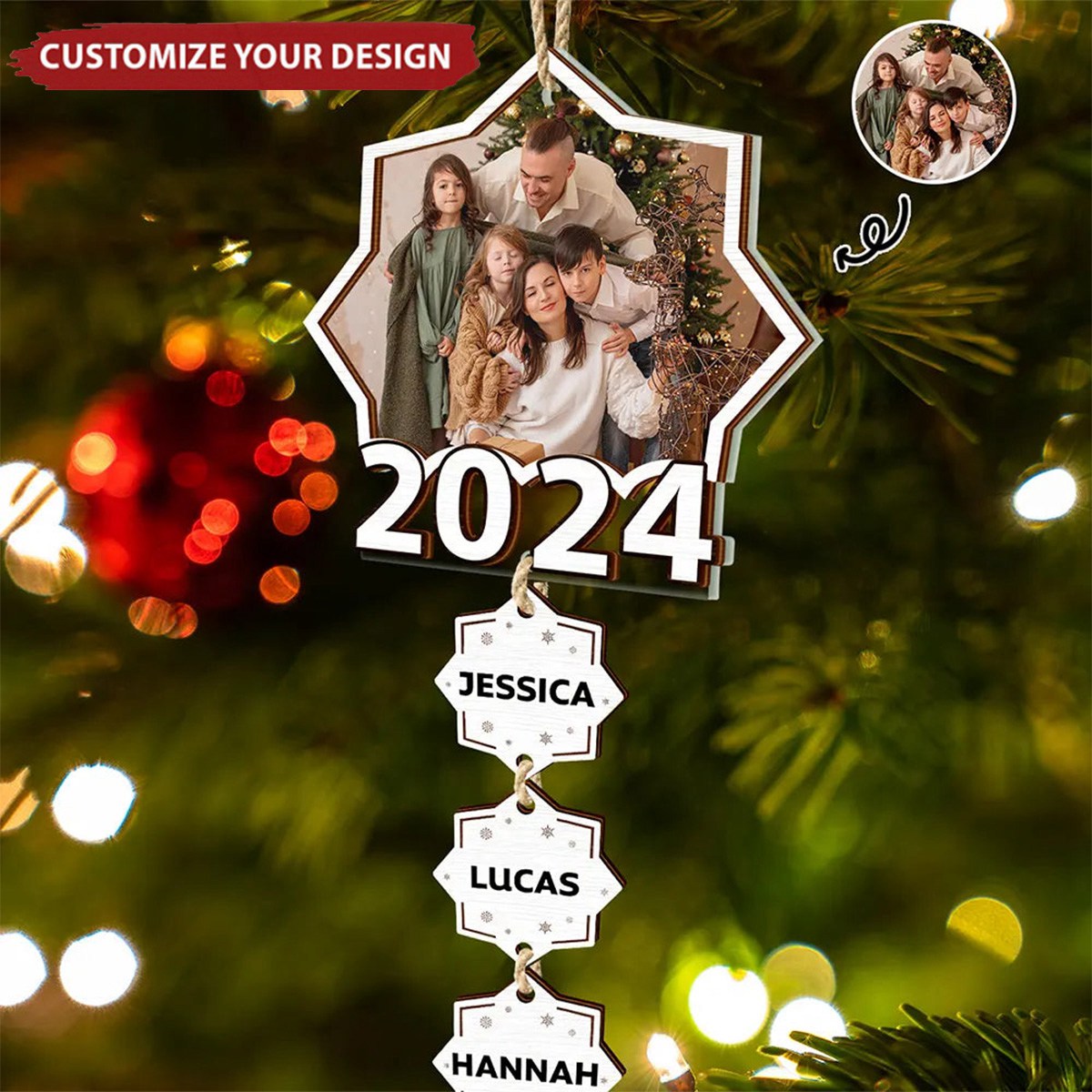 Custom Photo Christmas 2024 Family Siblings - Personalized Mix Ornament With Wooden Tag