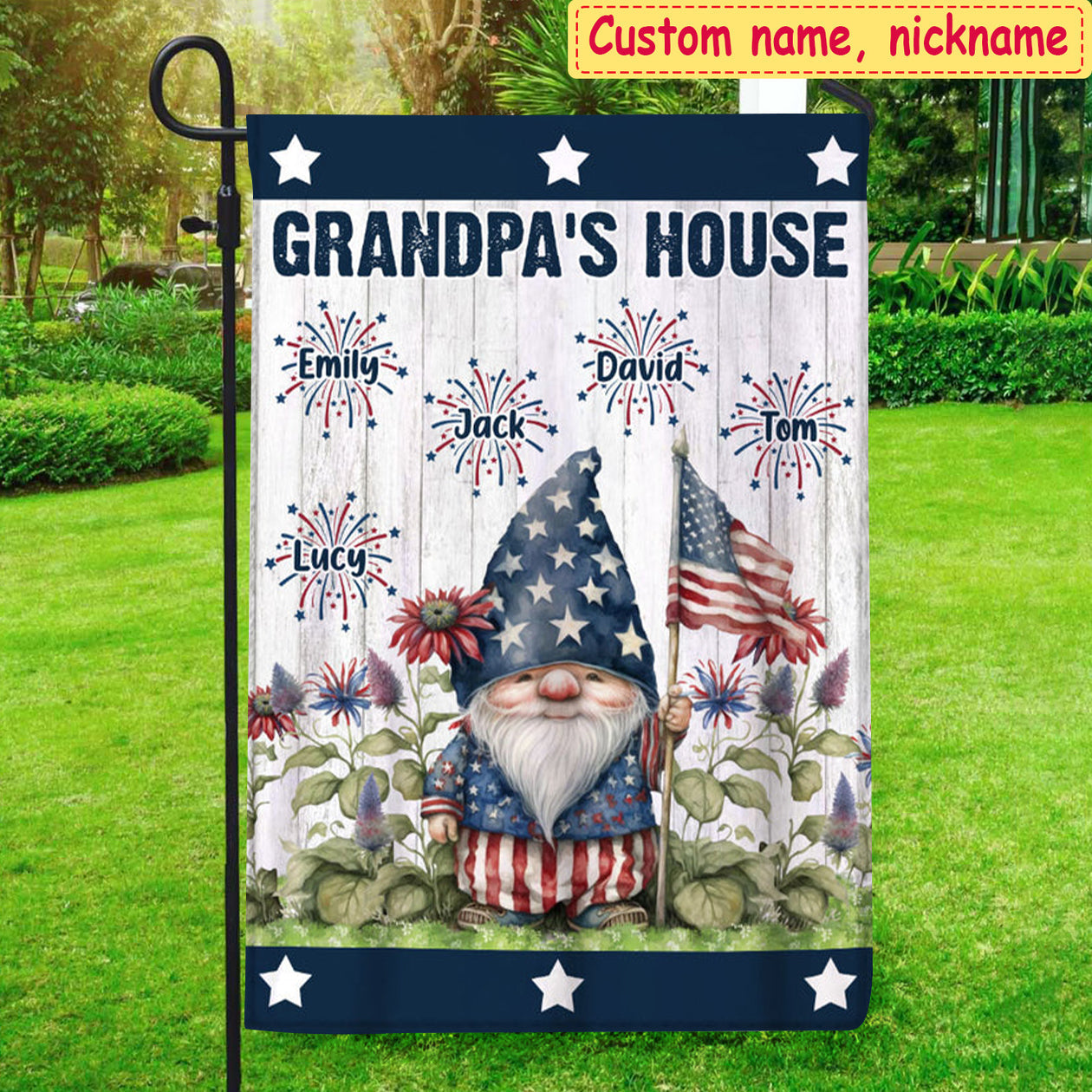 4th of July Grandpa Daddy's House Garden Firework Kids, Happy Independence Day Personalized Flag