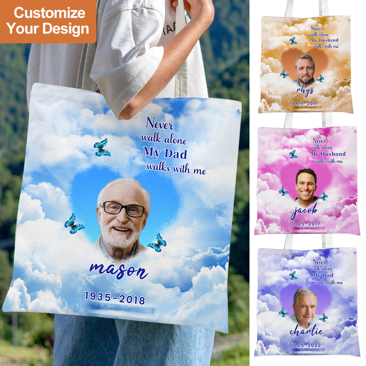 Never Walk Alone My Mom Dad Walks With Me Personalized Memorial Tote Bag
