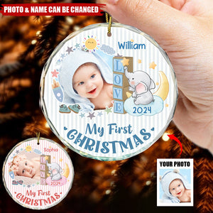 Custom Photo First Christmas Elephant Star - Personalized Circle Acrylic Ornament