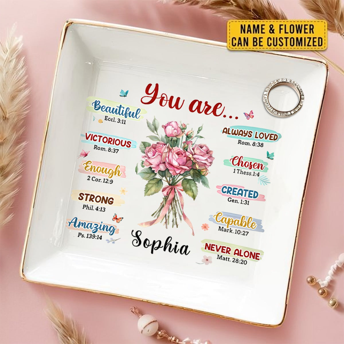 Personalized Gift For Woman Birth Flower You Are Bible Jewelry Dish