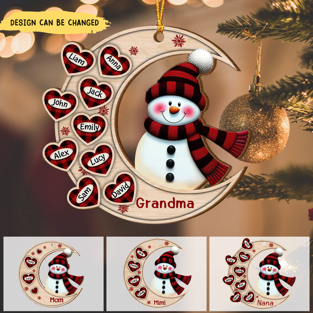 Christmas Happy Snowman Nana Mom Heart Kids On Moon Personalized Ornament