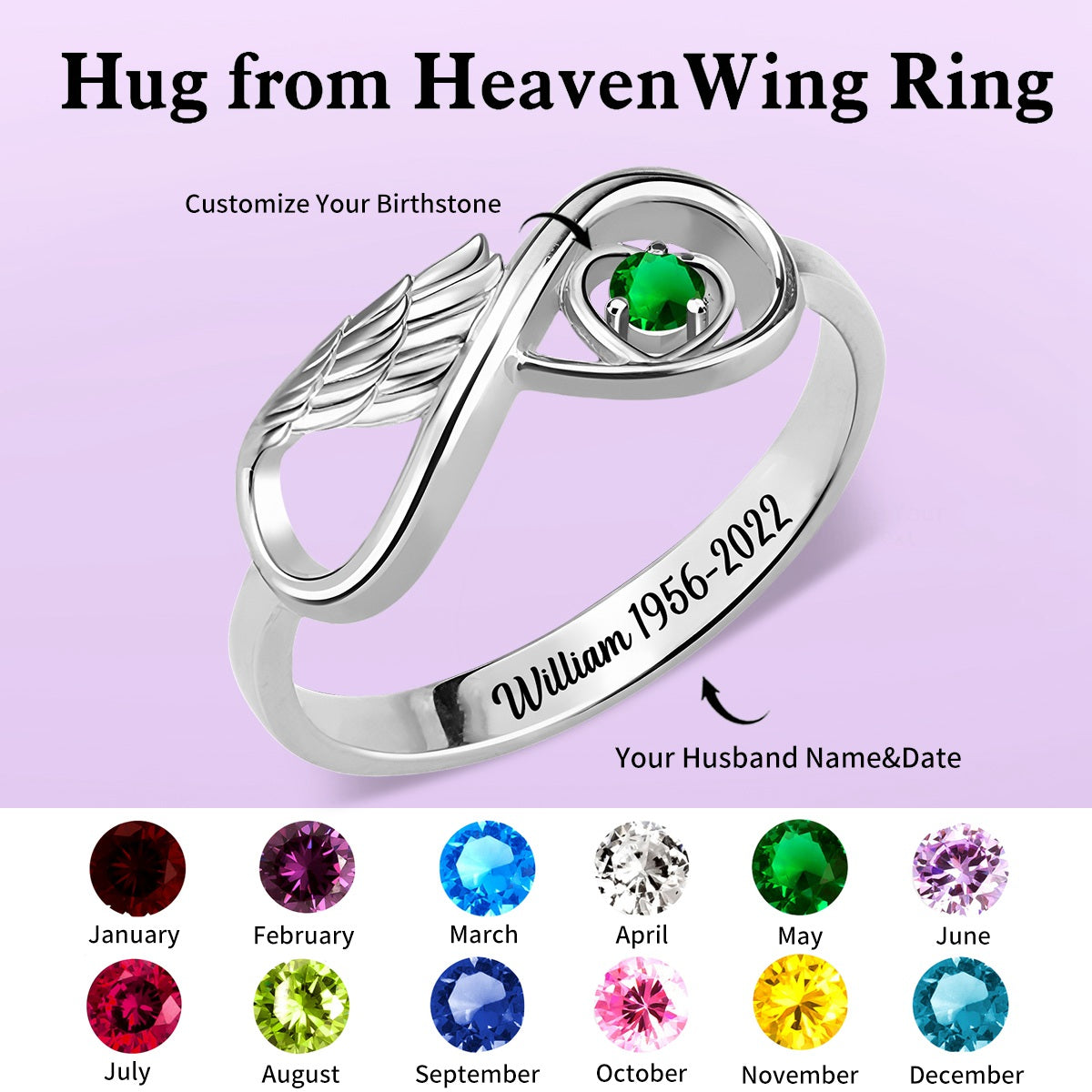 Personalized Infinity Heart Angel Wing Memorial Birthstone Ring