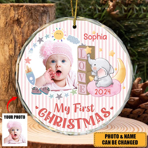 Custom Photo First Christmas Elephant Star - Personalized Circle Acrylic Ornament