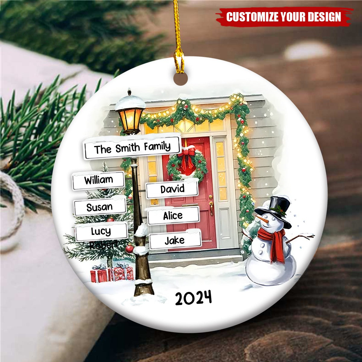 Family Christmas Street Lamp Directional Signs Personalized Ceramic Ornament