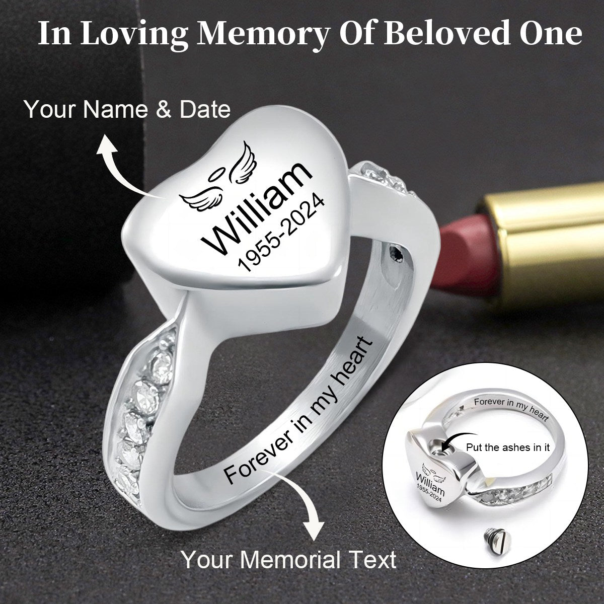Personalized Stainless Steel Memorial Heart Urn Ring