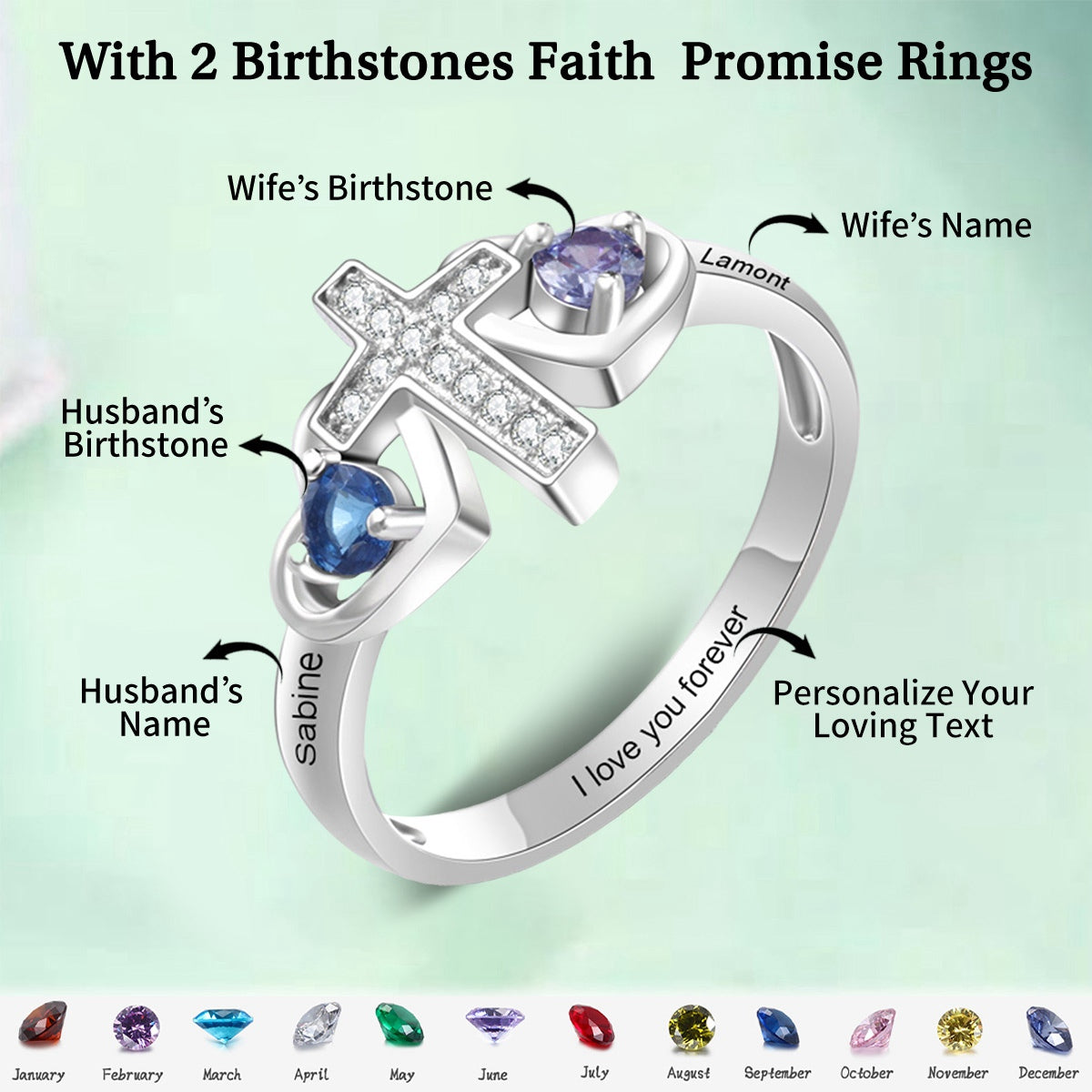 Personalized Name Faith Birthstone Promise Cross Ring