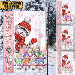 Cute Christmas Snowman Grandma Mom Welcomes Little Snowy Kids Personalized House Garden Flag