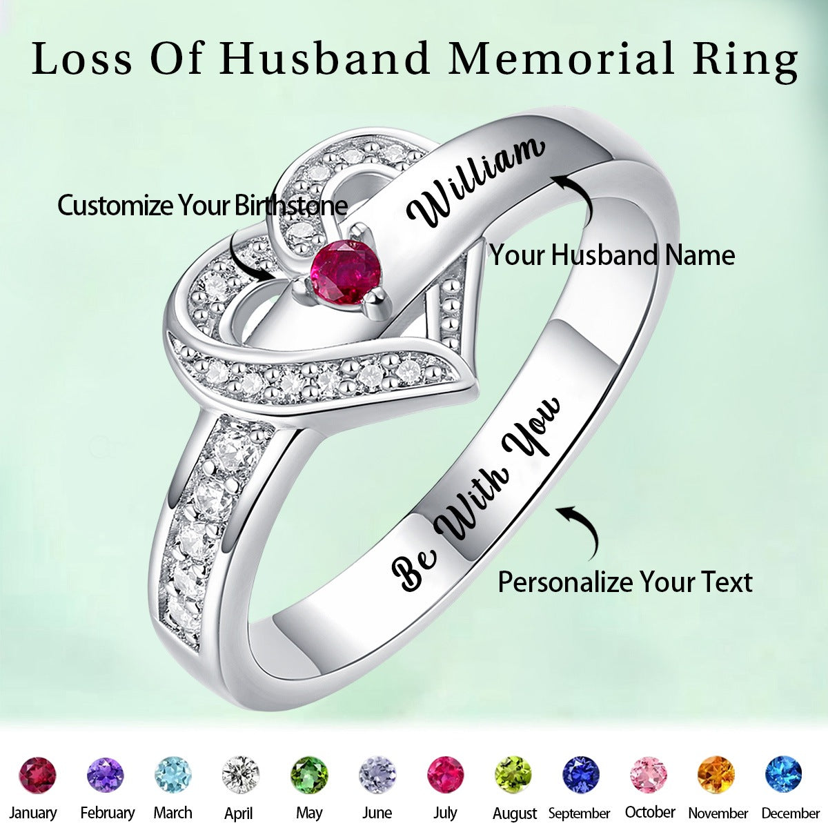 Personalized Name Heart Promise Birthstone Memorial Ring