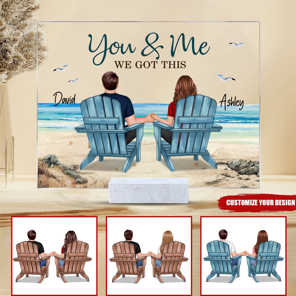 Back View Couple Sitting Beach Landscape Personalized Acrylic Plaque