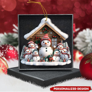 Personalized Christmas Snowman Family And Wooden House Ornament