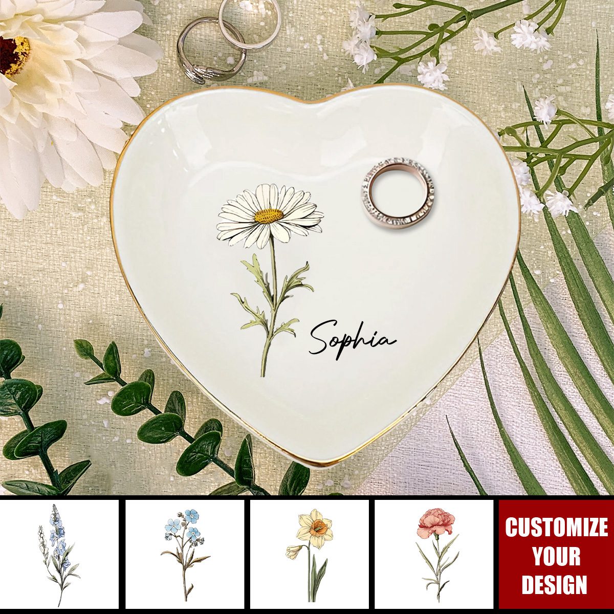 Personalized Couple Gift-Birth Flower Jewelry Dish with Name