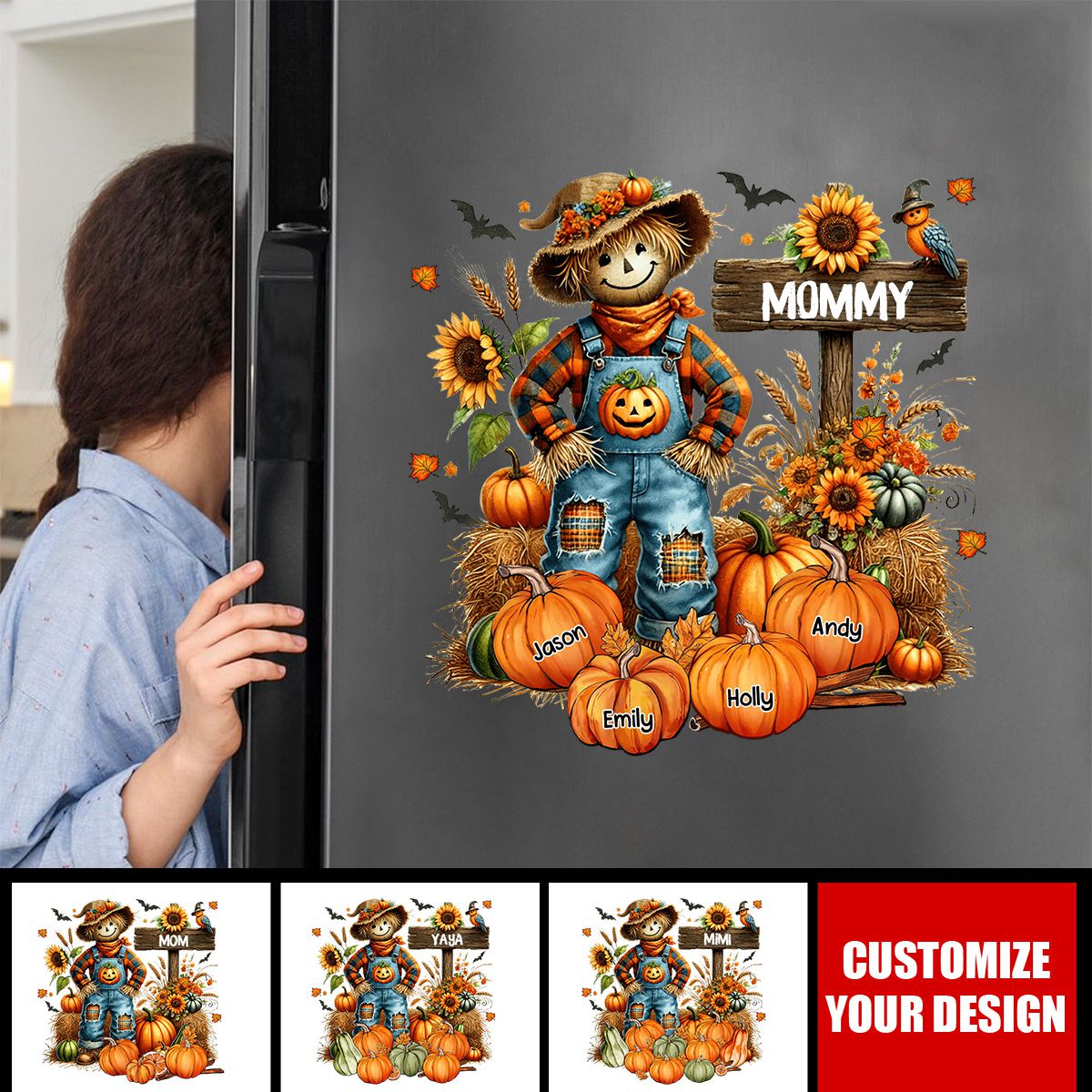 Grandma Scarecrow With Kid Names On Pumpkins Personalized Decal