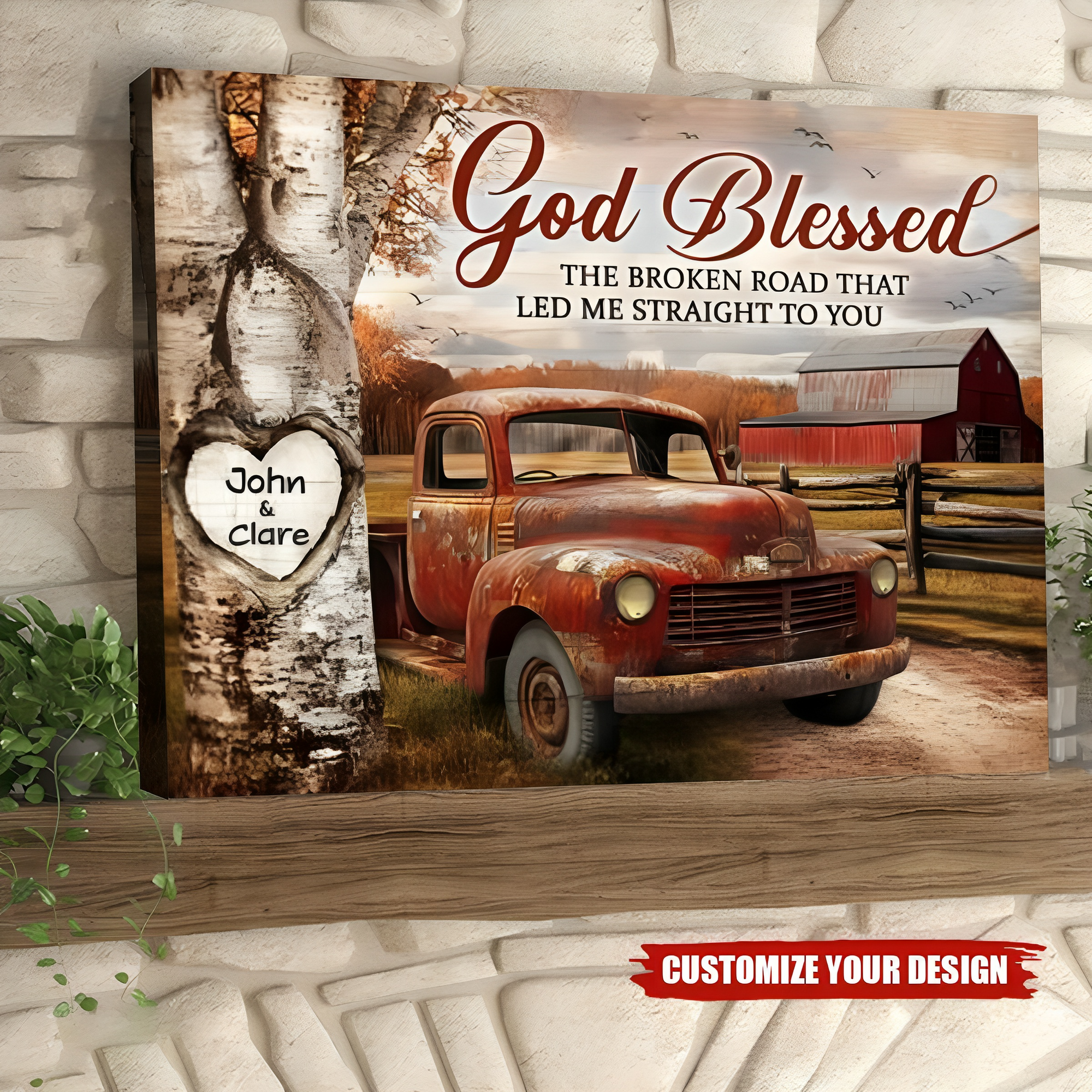 Personalized Anniversary Gift God Blessed The Broken Road Rustic Barn And Truck Canvas Wall Art