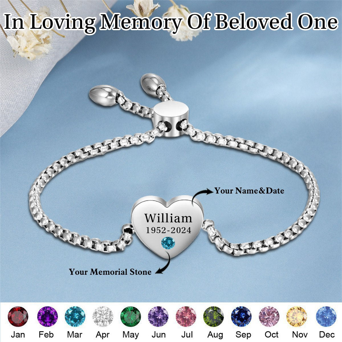 Personalized Name Heart Birthstone Memorial Bracelet