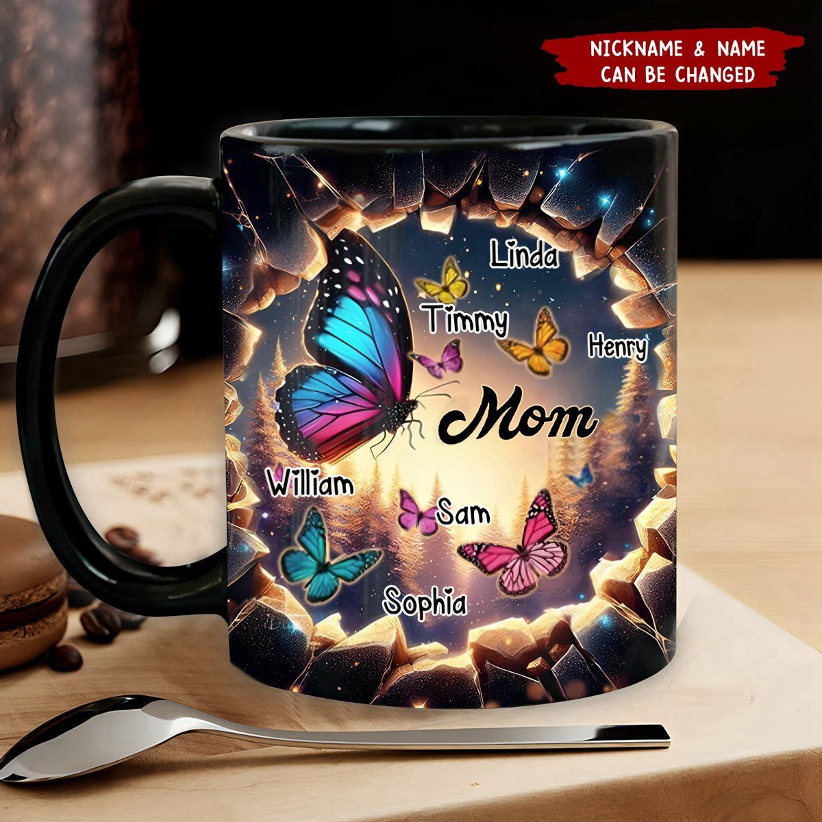 3D Effect Hole In A Wall Grandma With Butterfly Kids Personalized Black Mug