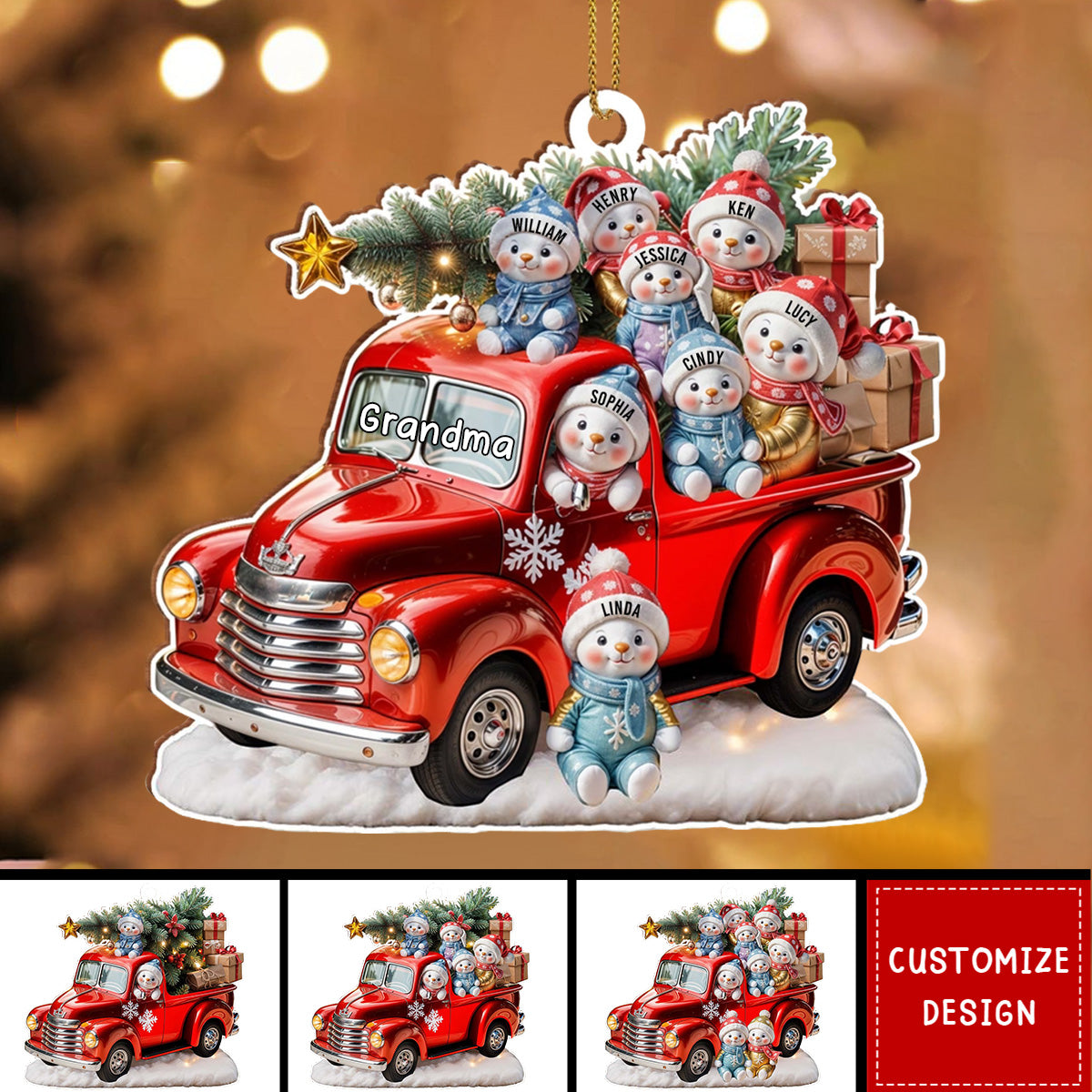 Wishing You A Merry Christmas With Snowmen And Red Truck - Personalized Custom Wood Ornament