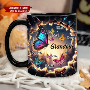 3D Effect Hole In A Wall Grandma With Butterfly Kids Personalized Black Mug