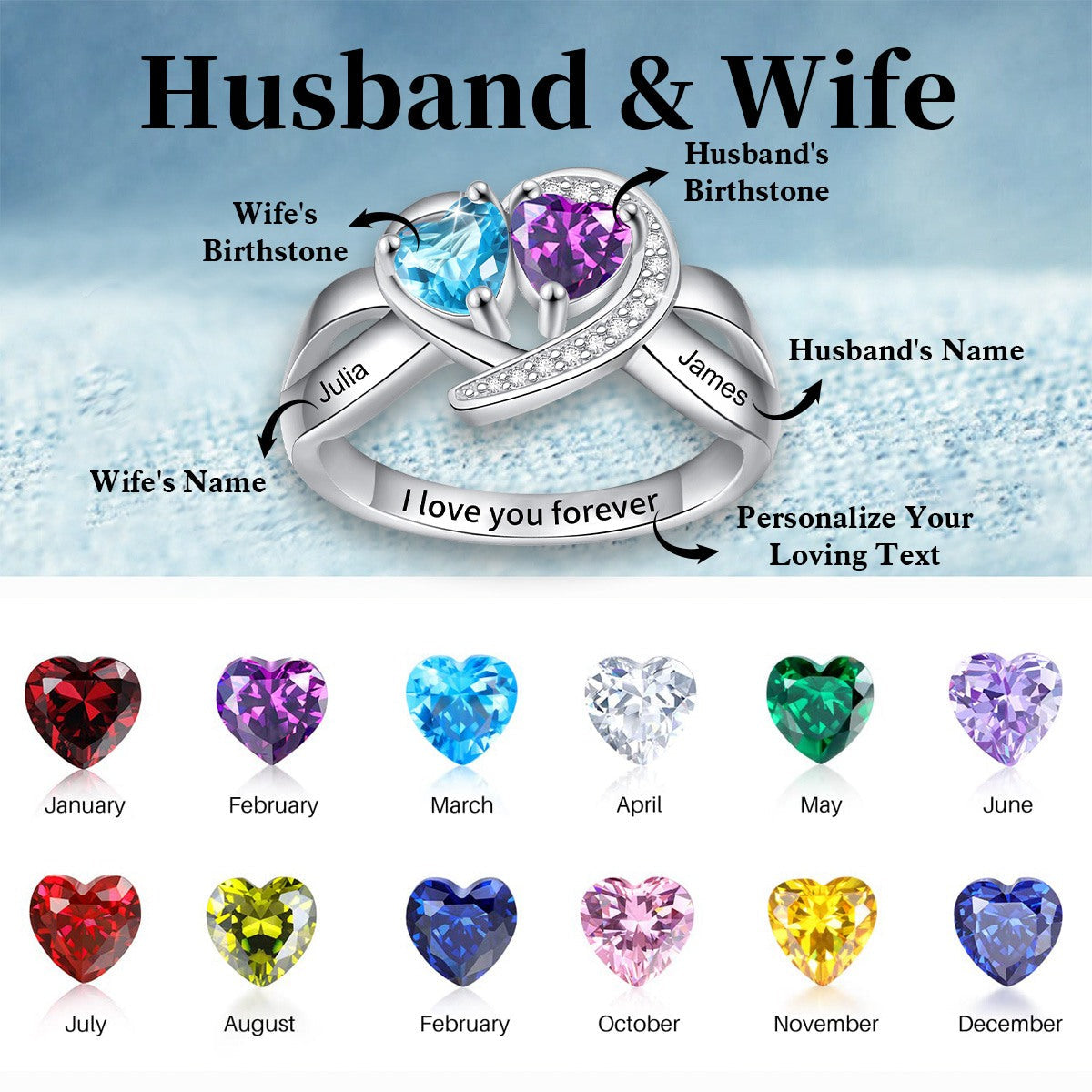 Love Forever - Personalized Love Heart Promise Birthstones Ring