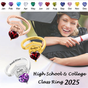 Personalized Dainty Grad Cap Heart Birthstone Ring with Engraved Text Graduate Jewelry