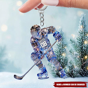 Sparkling Ice Hockey Player - Personalized Hockey Keychain