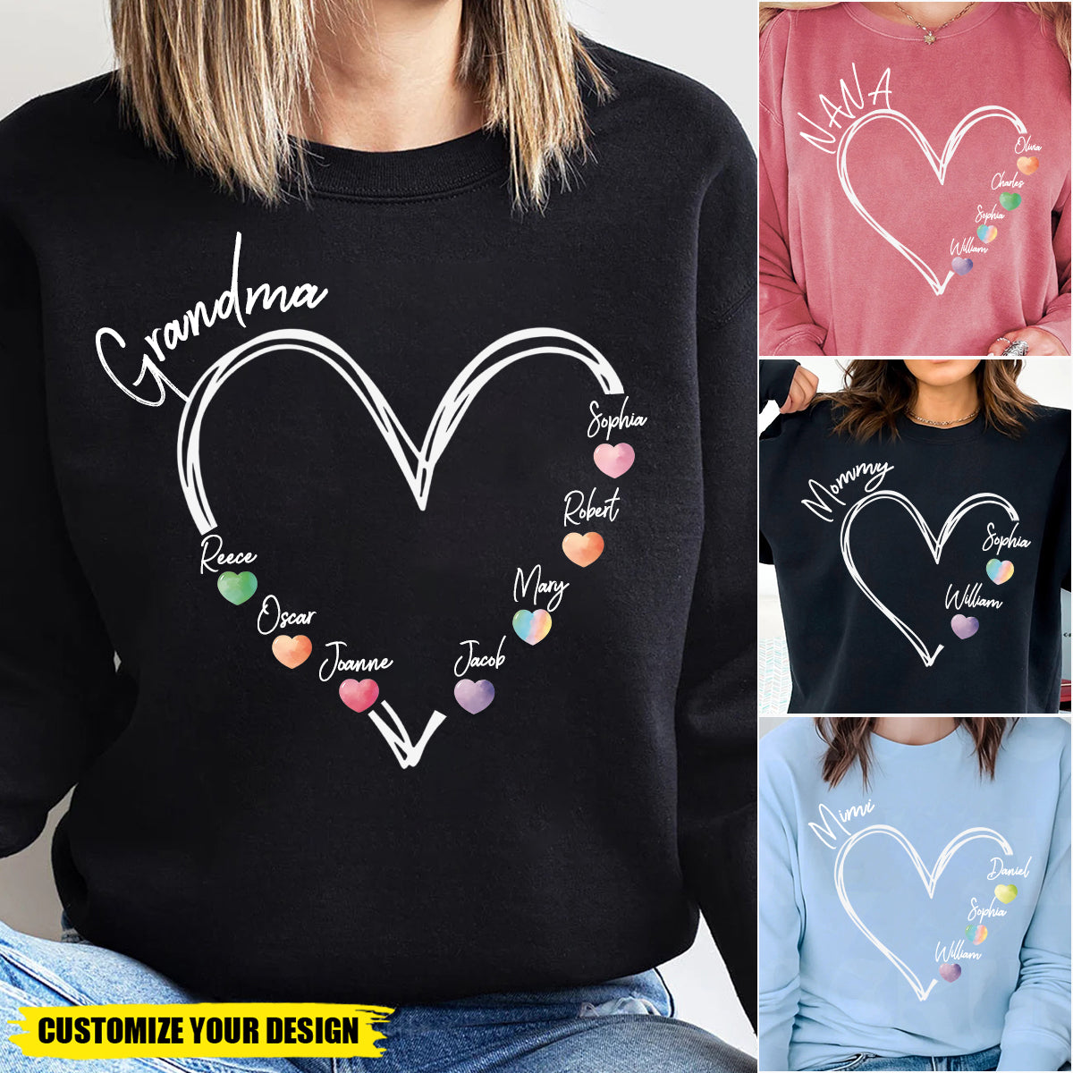 Personalized Grandma Mom Heart Sweat Sweatshirt with Kids Names