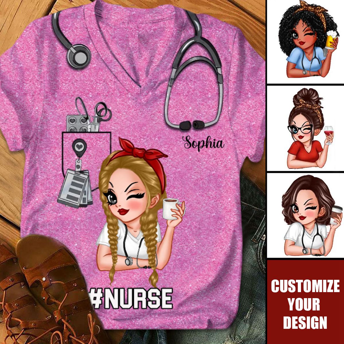 Pretty Doll Nurse Scrub CNA RN Healthcare Worker Personalized V-neck 3D T-shirt