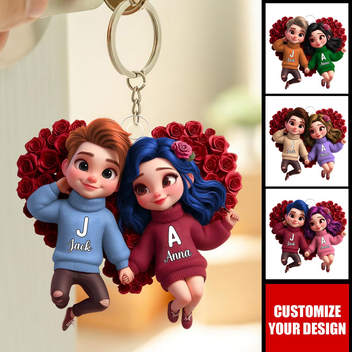 Rose Heart Couple Personalized Cartoon Style Acrylic Keychain - Valentine's Day Gift