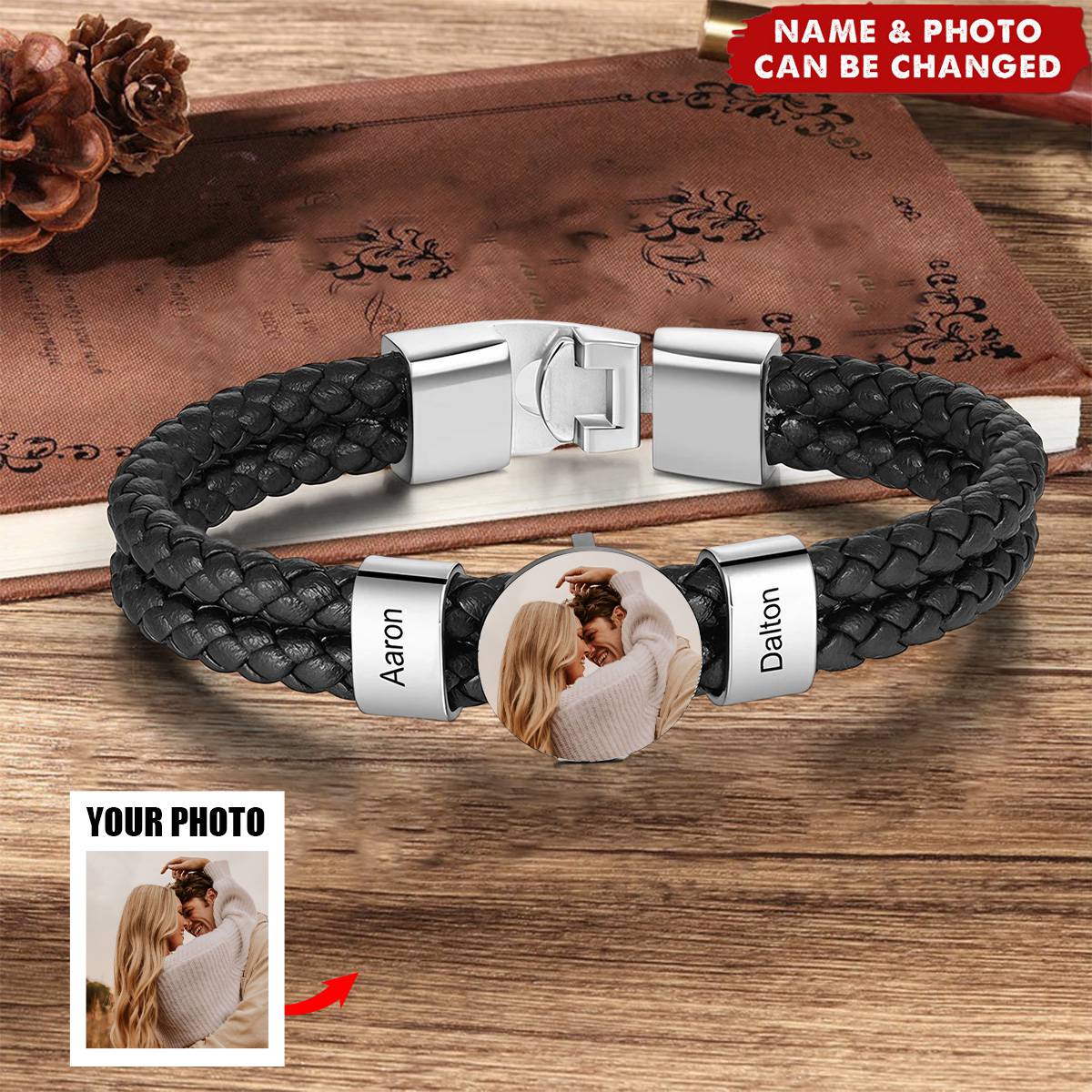 Leather Bead Bracelet with Picture - Personalized Custom Engraved Leather Bracelet