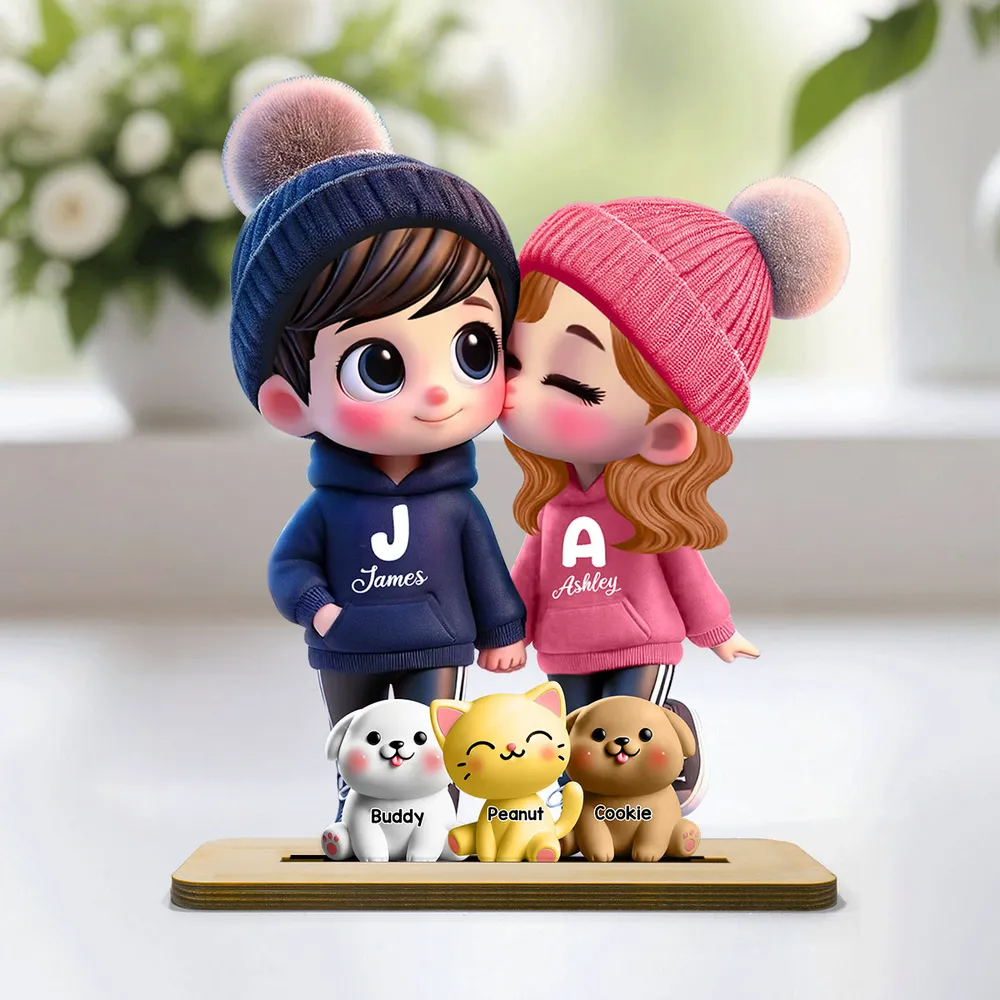 Cute Cartoon Couple You Me And The Dog Cat Personalized Standing Wooden Plaque