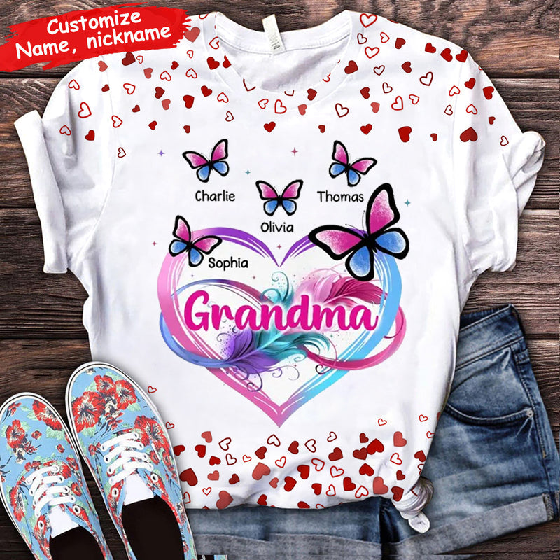 Glitter Red Heart Infinity Butterfly Grandma Mom Kids Personalized 3D T-Shirt