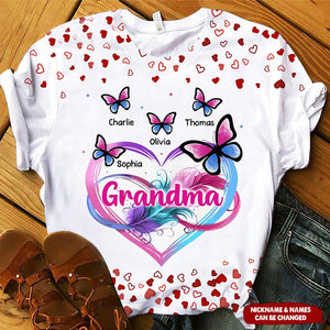 Glitter Red Heart Infinity Butterfly Grandma Mom Kids Personalized 3D T-Shirt