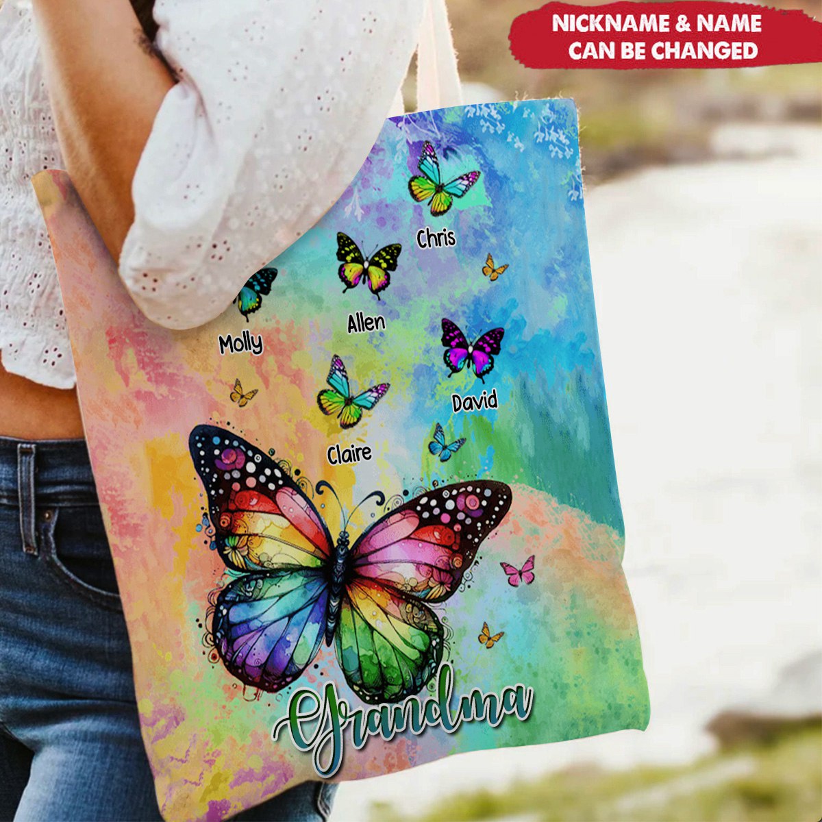 Rainbow Butterfly Grandma Auntie Mom Kids Personalized Tote Bag