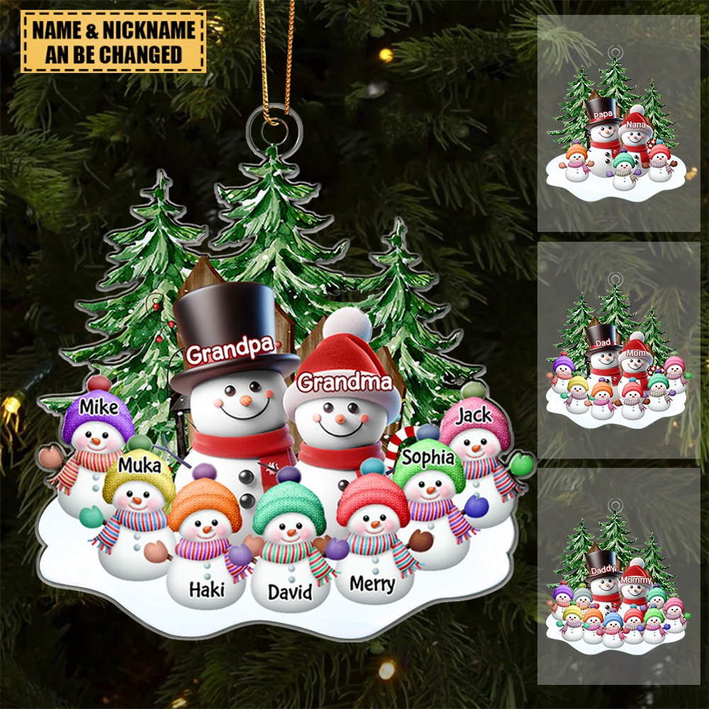 Granparents/Parents Snowmen With Baby Kids In Pine Tree Forest - Personalized Shape Ornament