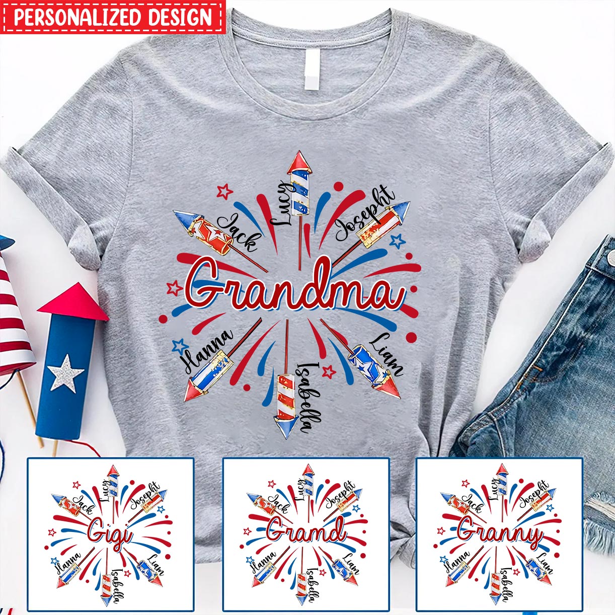 4th Of July Grandma Fireworks Grandkids Personalized T-shirt For Grandma Mom Auntie
