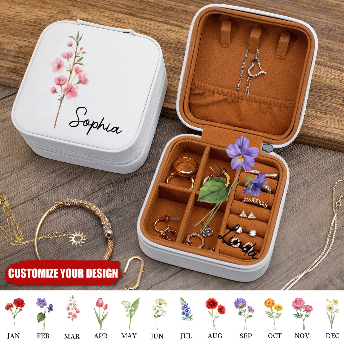 Personalized Birth Flowers Name Jewelry Box