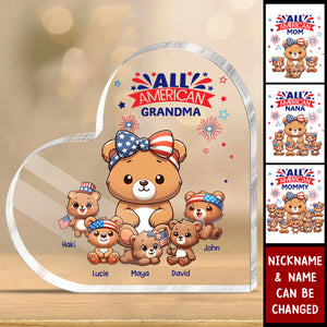 All American Nana Grandma Cute Bear Personalized Heart Shaped Acrylic Plaque