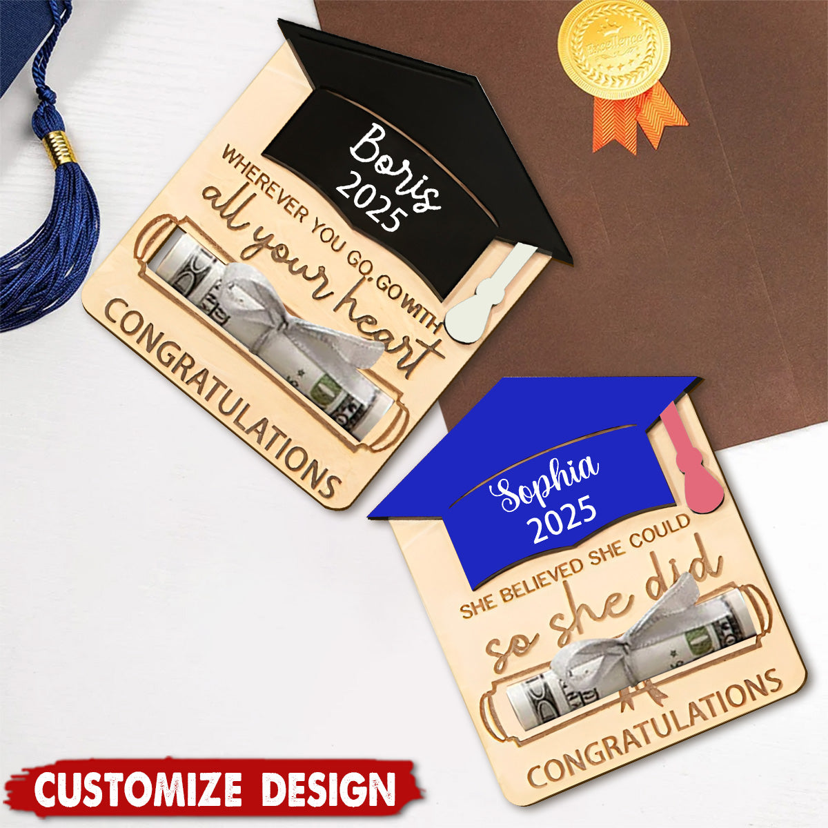 Personalized Cute Wooden Bachelor Cap Money Gift Card Holder with Engraved Name