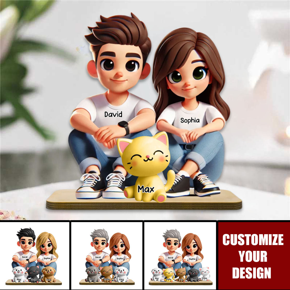 3D Effect Cute Couple And Dogs Cats Sitting Personalized Standing Wooden Plaque