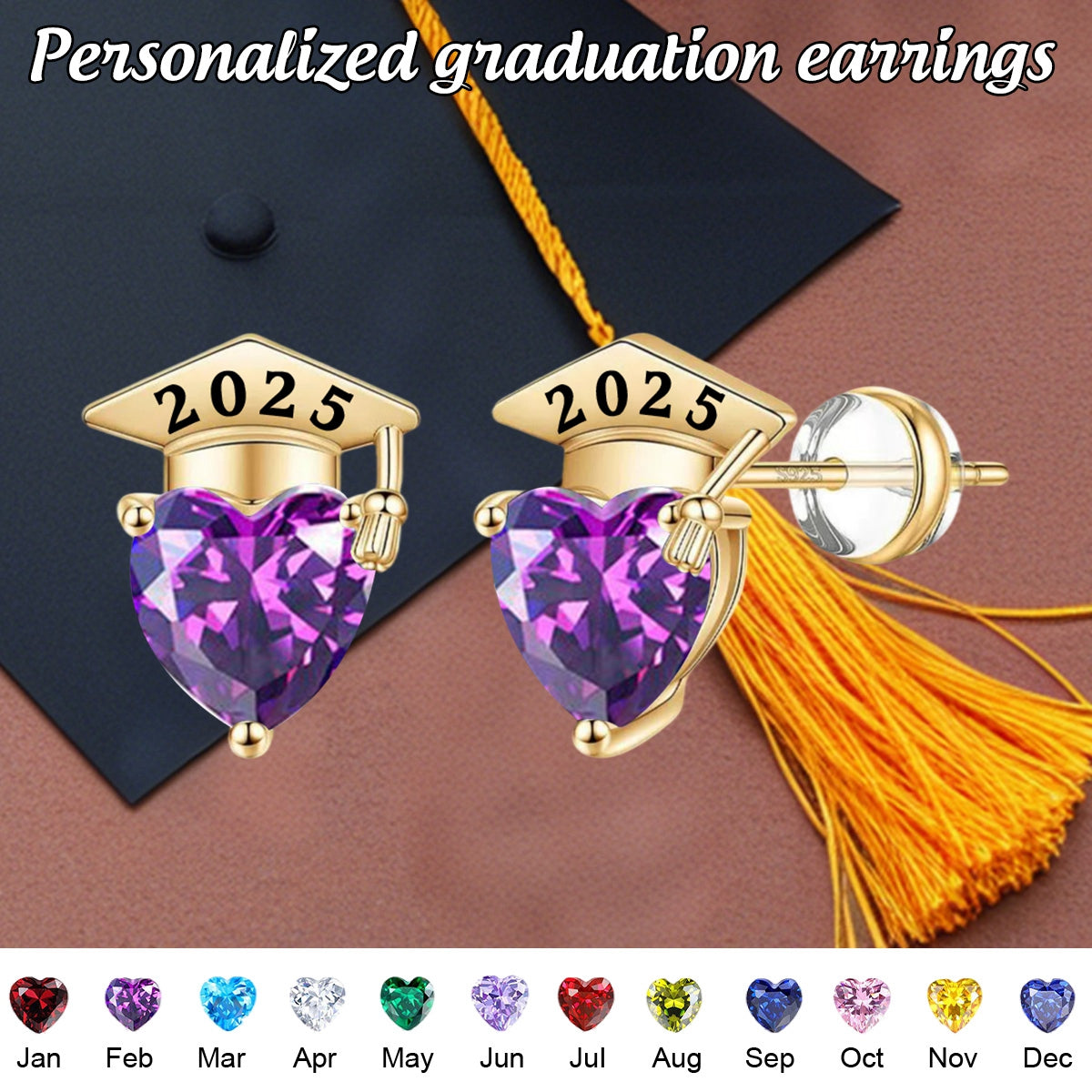 Personalized Graduation Cap Heart Birthstone Stud Earrings