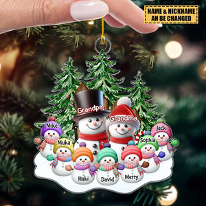 Granparents/Parents Snowmen With Baby Kids In Pine Tree Forest - Personalized Shape Ornament