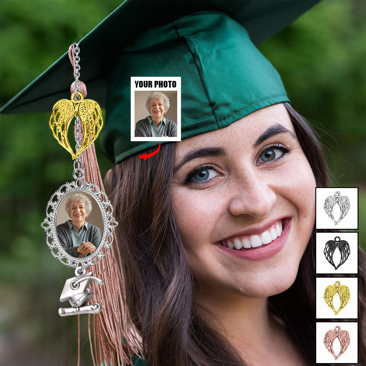 Personalized Angel Wings Heart Graduation Tassel Charm