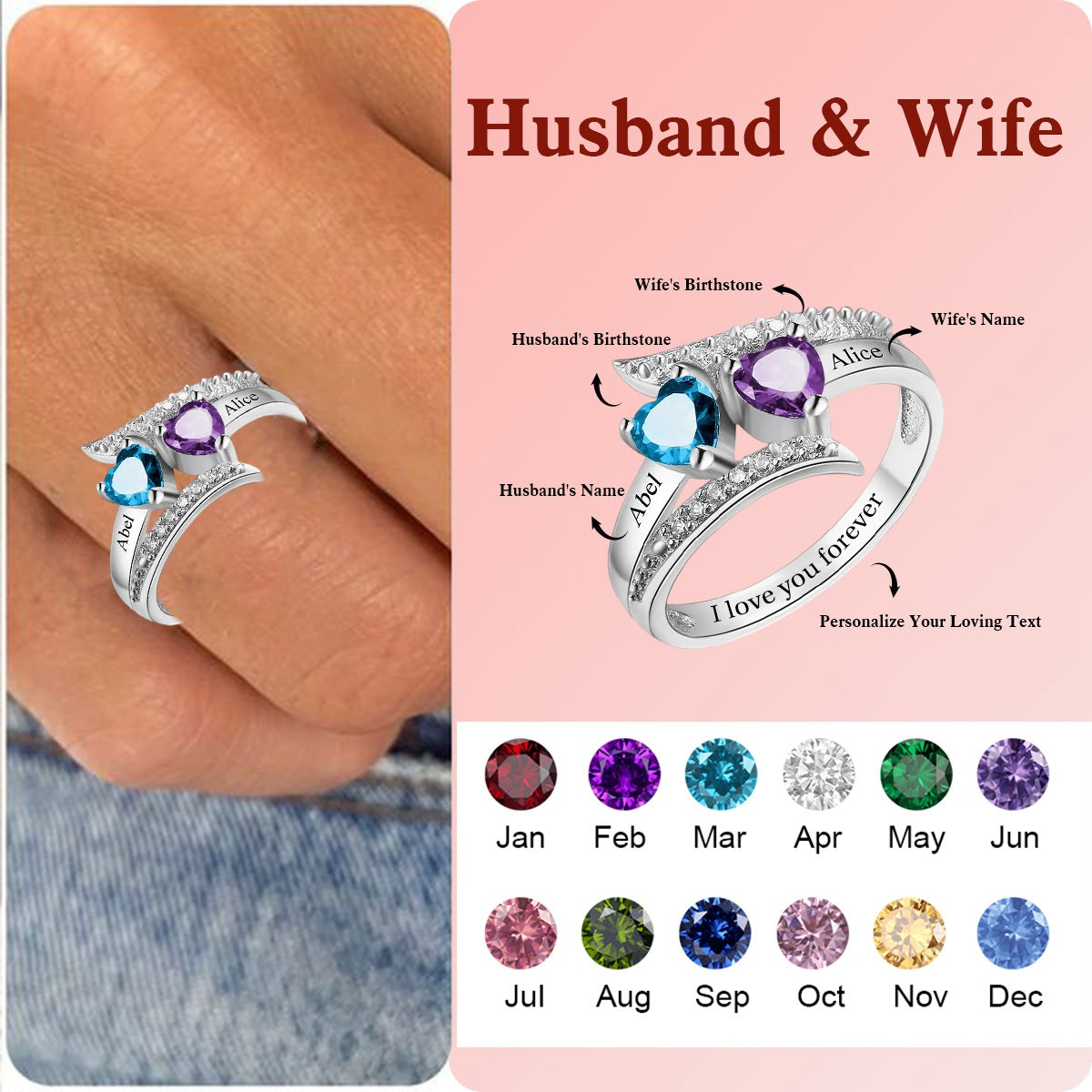 I Love You Forever - Personalized Promise Birthstones Sterling Silver Ring
