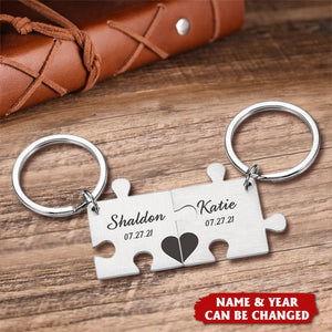 Puzzle Keychain Set Personalized 2 Names & Date Interlocking Keychain for Couple