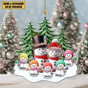 Granparents/Parents Snowmen With Baby Kids In Pine Tree Forest - Personalized Shape Ornament