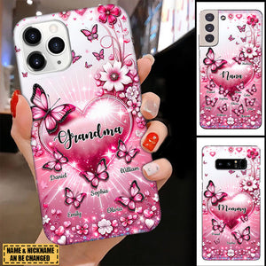 Sparkling Pink Butterflies And Flowers Personalized Silicone Phone Case For Grandma Mom