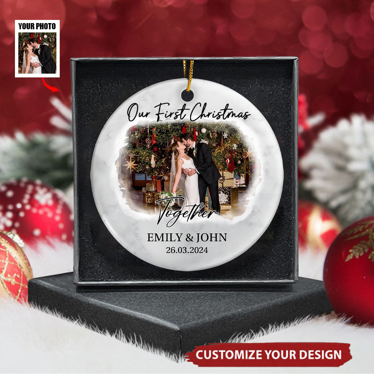 Custom Photo First Christmas As Mr & Mrs Couples - Personalized Circle Ceramic Ornament