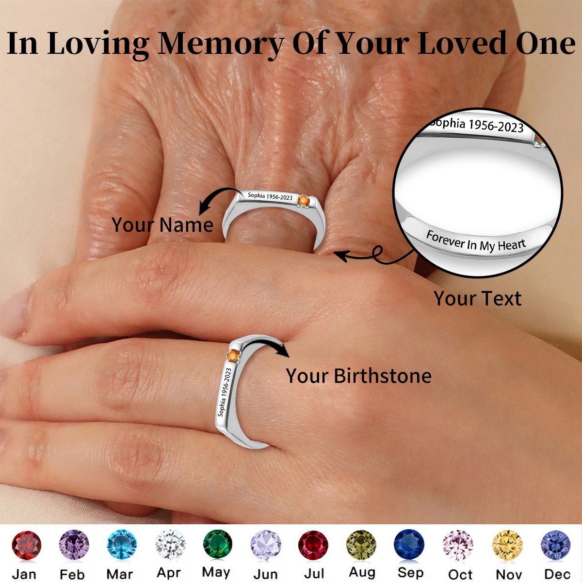 Personalized Name Birthstone Memorial Ring